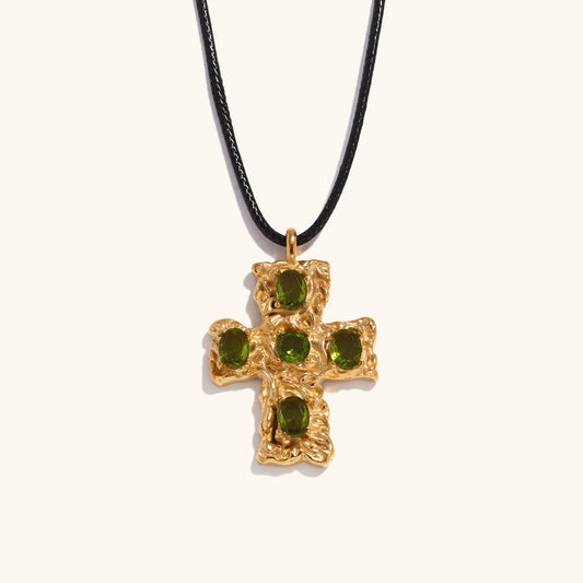 Cross Necklace with Multicolor Gems – Hammered Finish & Black Rope Chain