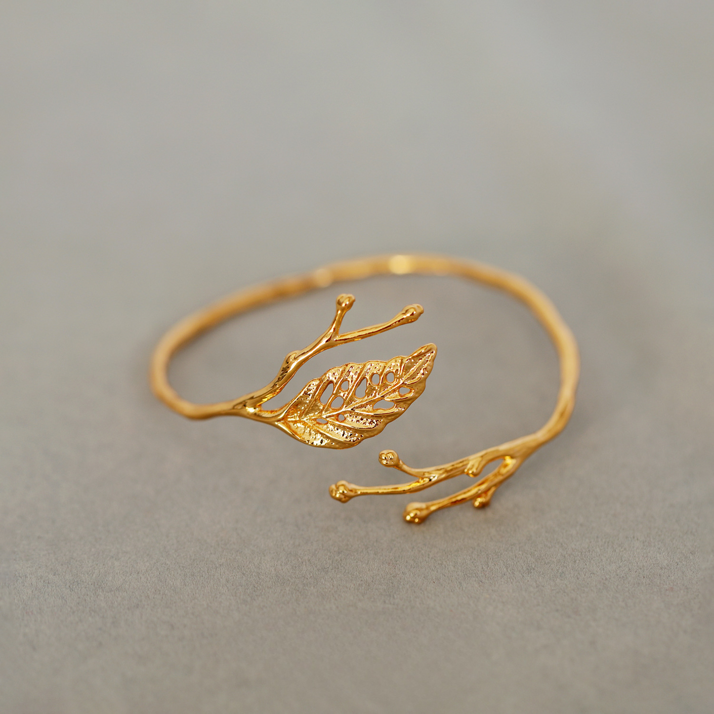 14K Gold Leaf Branch Open Cuff Bracelet