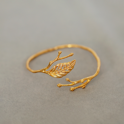 14K Gold Leaf Branch Open Cuff Bracelet