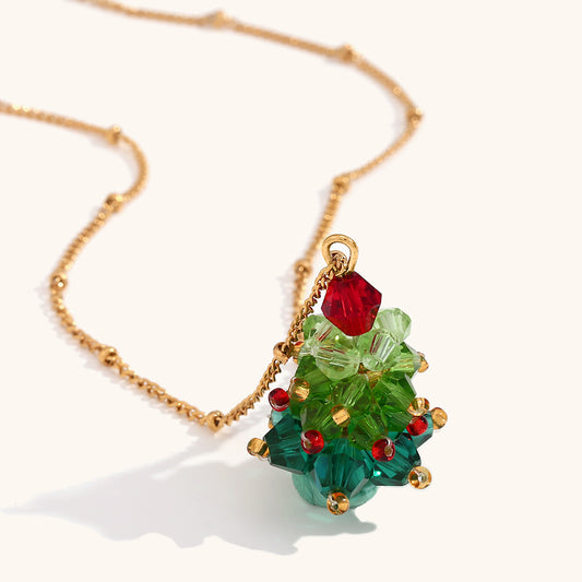 14k gold crystal Christmas tree earrings festive atmosphere necklace