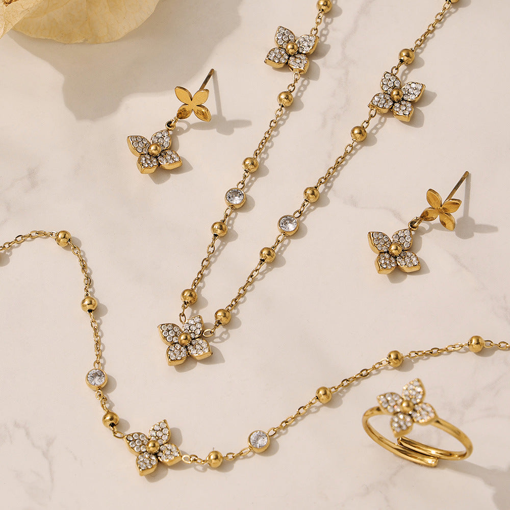 18K Gold Plated Floral Zirconia Bead Necklace & Bracelet Set with Geometric Earrings & Rings Jewelry Set
