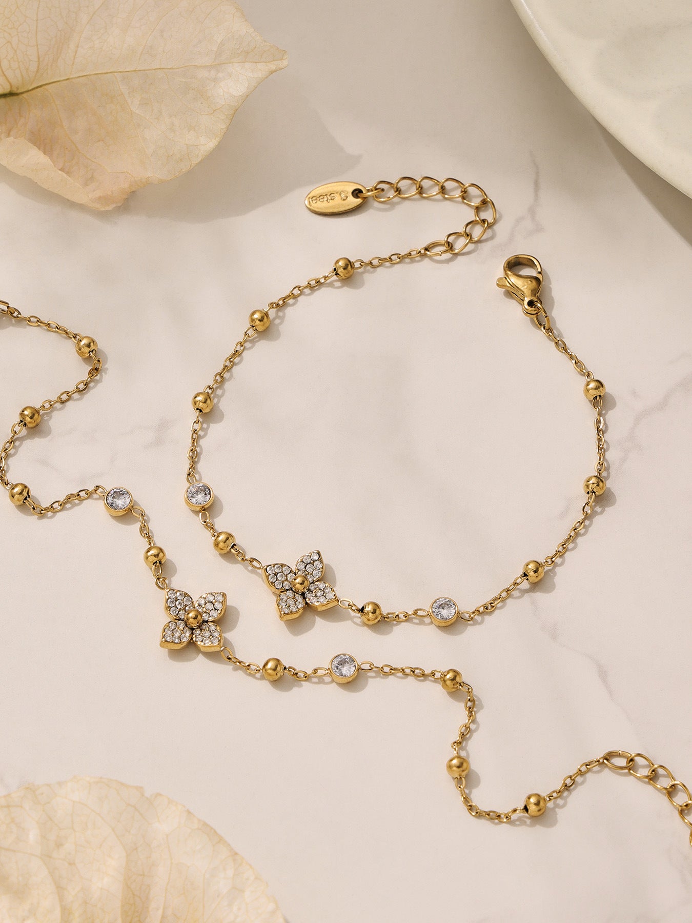 18K Gold Plated Floral Zirconia Bead Necklace & Bracelet Set with Geometric Earrings & Rings Jewelry Set