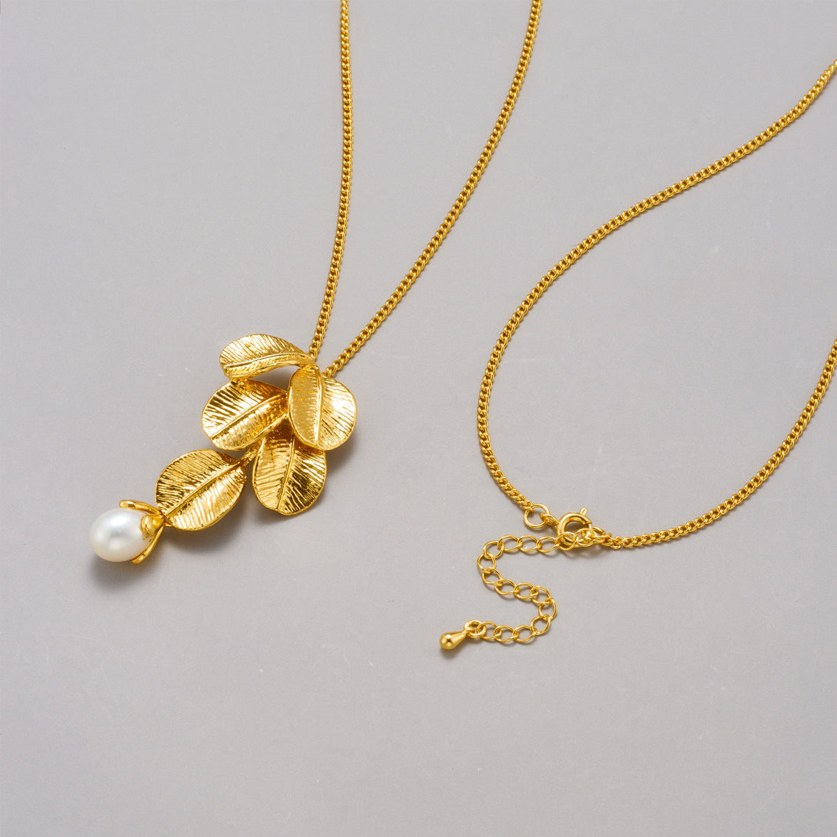 14K Gold Leaf Pearl Long Necklace