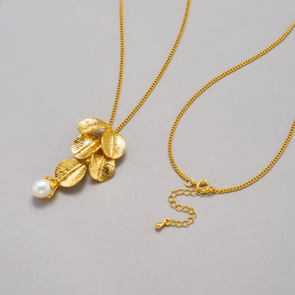 14K Gold Leaf Pearl Long Necklace