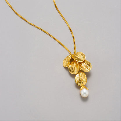 14K Gold Leaf Pearl Long Necklace