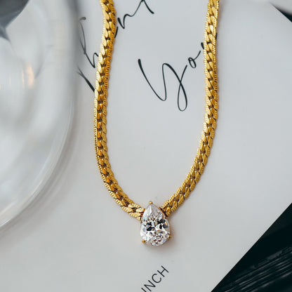 14K Gold Snake Bone Chain Necklace with Heart-Shaped Diamond