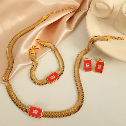 Flat Snake Chain Jewelry Set – Shell and Turquoise Necklace with Coordinated Bracelet & Earrings