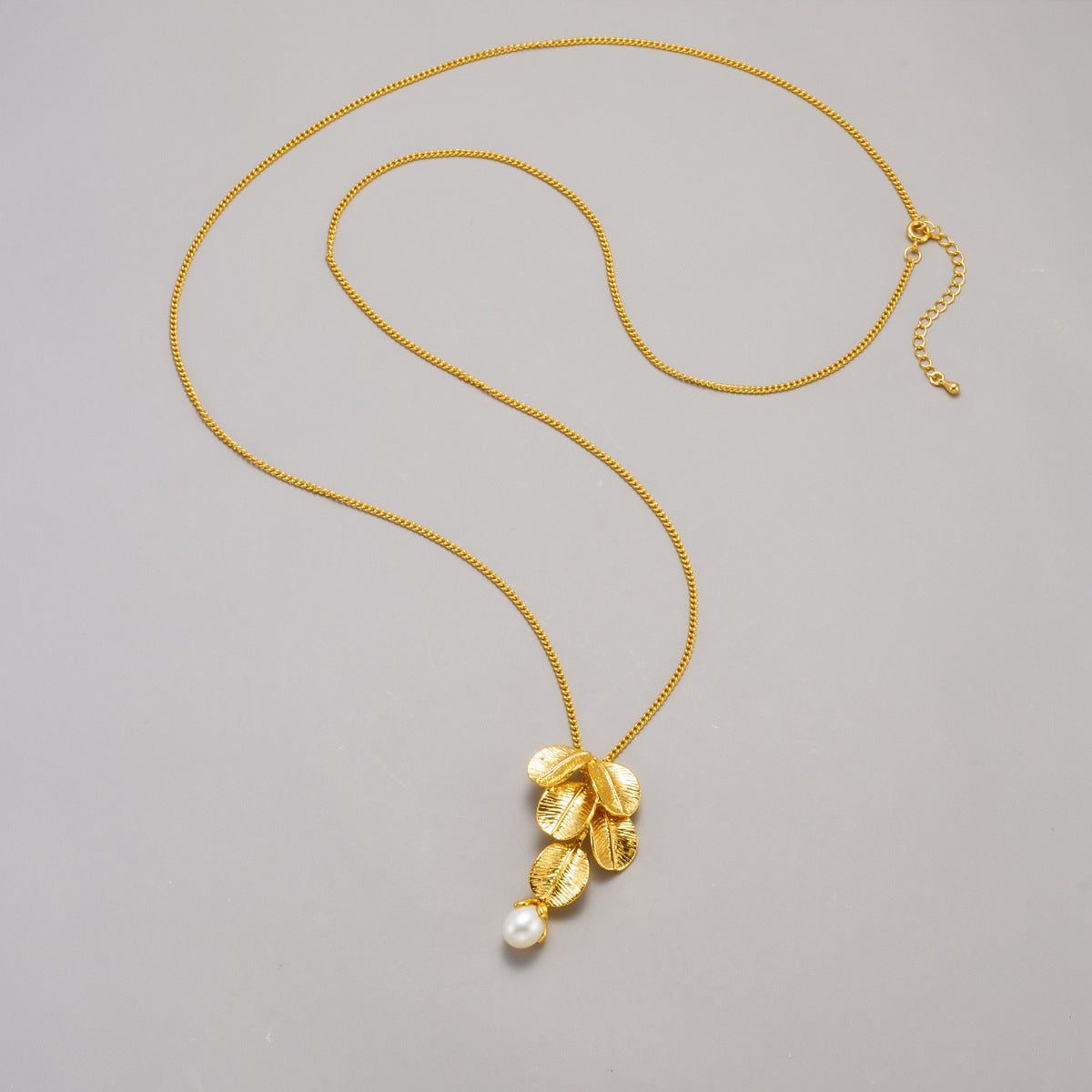 14K Gold Leaf Pearl Long Necklace