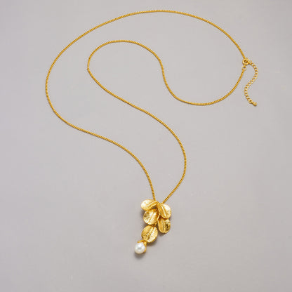 14K Gold Leaf Pearl Long Necklace