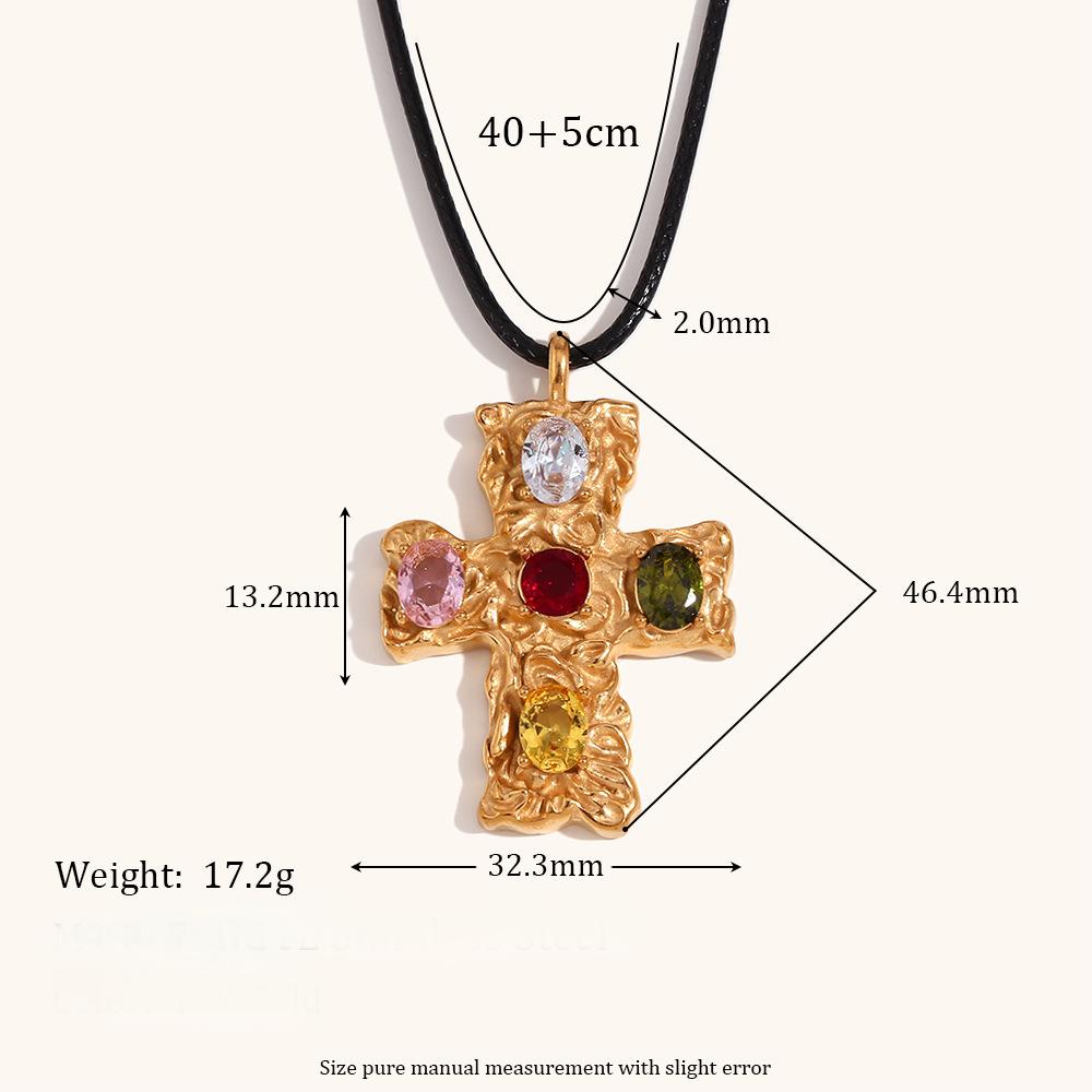 14K gold multicolored diamond hammered pattern cross black rope necklace