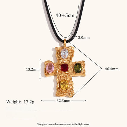 14K gold multicolored diamond hammered pattern cross black rope necklace