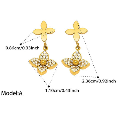 18K Gold Plated Floral Zirconia Bead Necklace & Bracelet Set with Geometric Earrings & Rings Jewelry Set