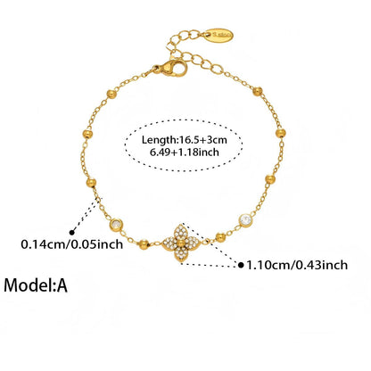 18K Gold Plated Floral Zirconia Bead Necklace & Bracelet Set with Geometric Earrings & Rings Jewelry Set