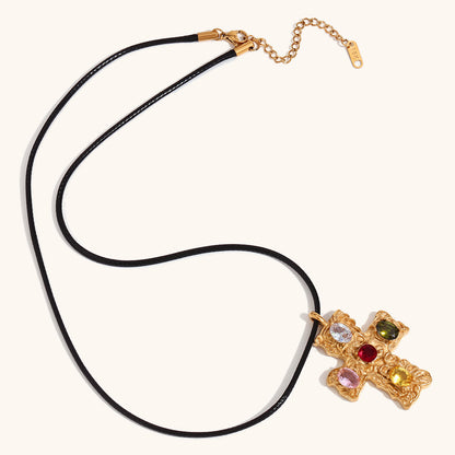 14K gold multicolored diamond hammered pattern cross black rope necklace