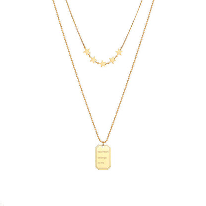 Square plate double layer five-pointed star gold necklace