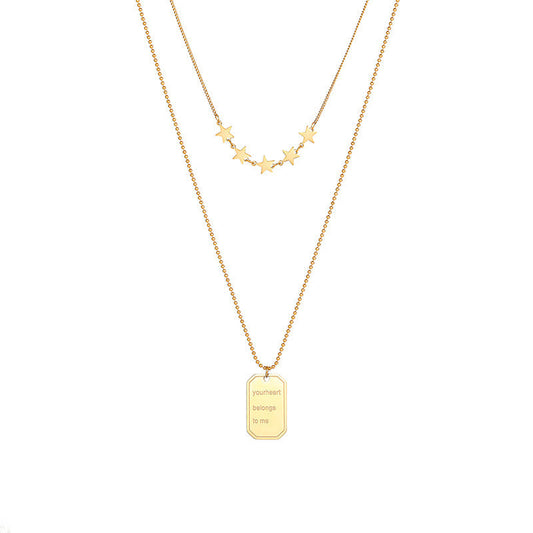 Square plate double layer five-pointed star gold necklace