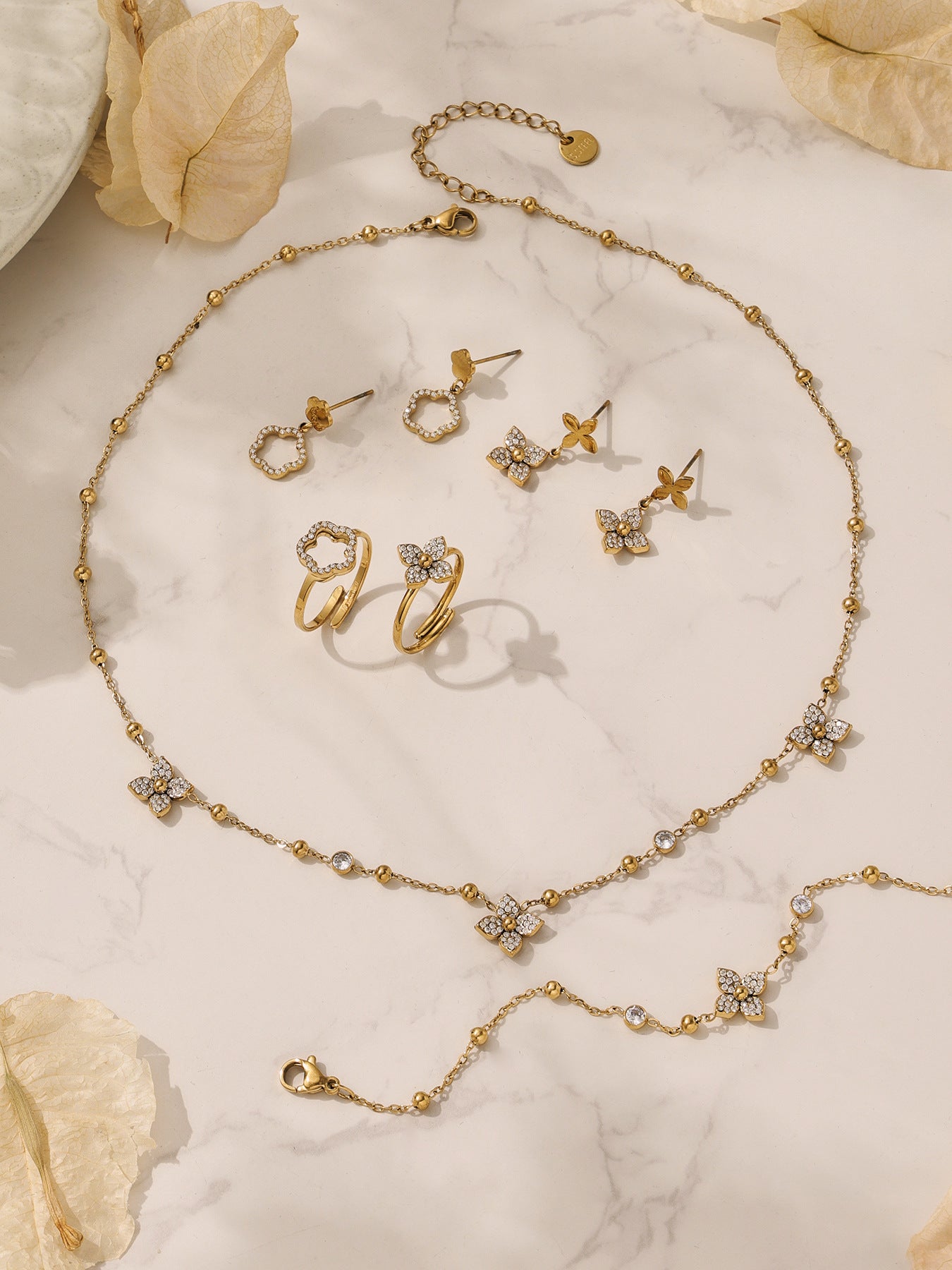 18K Gold Plated Floral Zirconia Bead Necklace & Bracelet Set with Geometric Earrings & Rings Jewelry Set