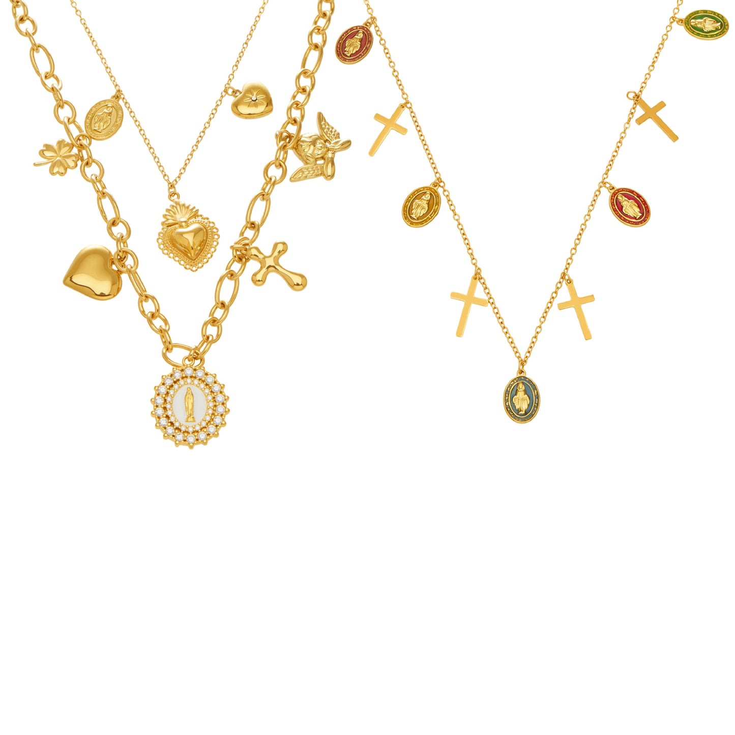 Oil Drip Goddess Round Pendant with Multiple Cross Charms Choker Necklace