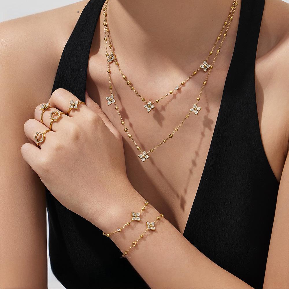 18K Gold Plated Floral Zirconia Bead Necklace & Bracelet Set with Geometric Earrings & Rings Jewelry Set