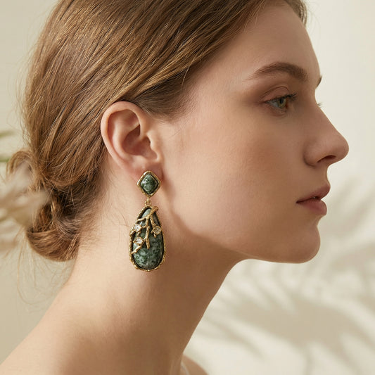 Vintage Gold-Plated Jade Drop Earrings