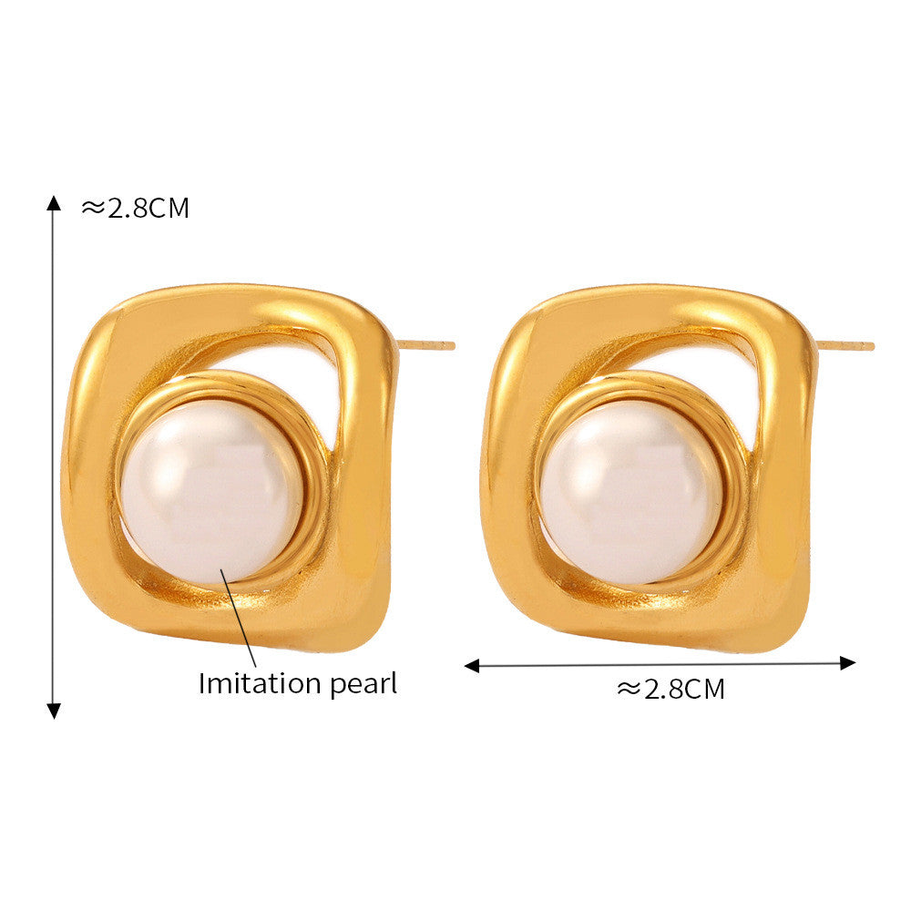 14k GOLD Geometric Texture Pearl Stud Earring