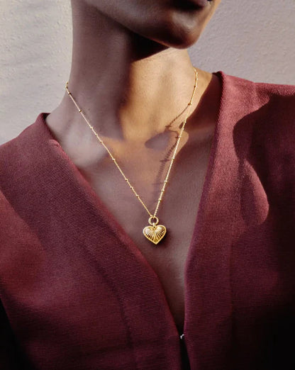 Gold Puffed Heart Necklace – Ridge Detail & Rope Ring, as Seen in Barbie